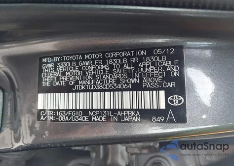 2012 Toyota Yaris Le from USA, damaged, VIN JTDKTUD38CD534064